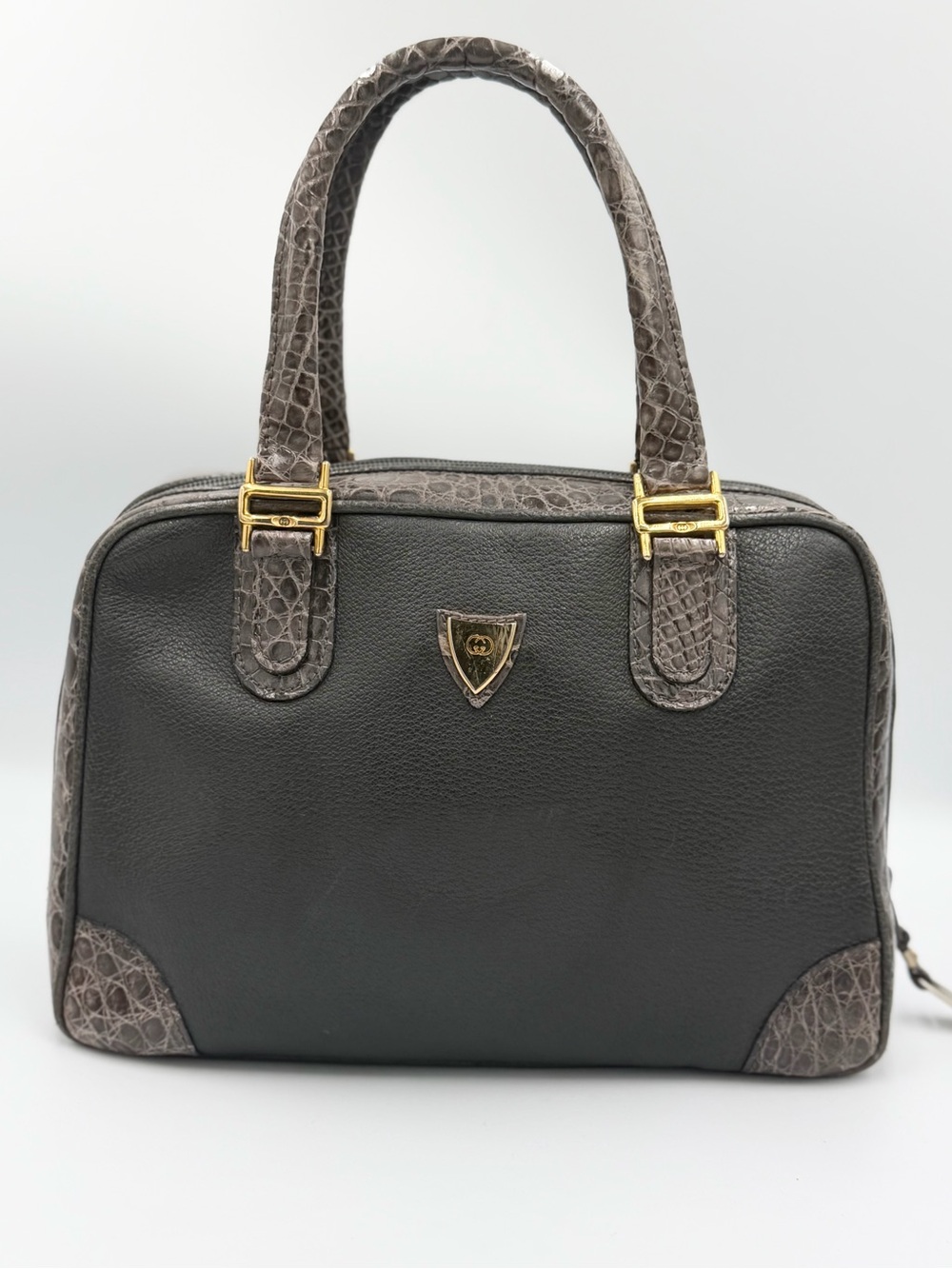 Vintage Gucci Black Leather Satchel with Croc-Embossed Trim and COA